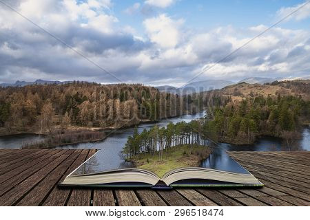 Beautiful Evening Landscape Image Of Tarn Hows In Uk Lake District During Spring Coming Out Of Pages
