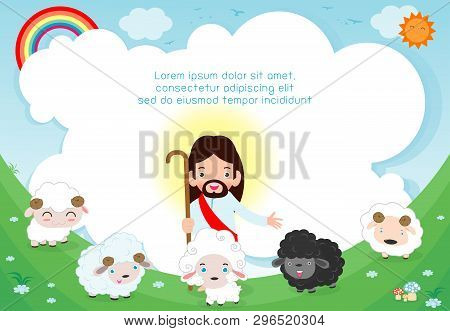 Jesus Christ And Sheep In The Meadow. Template For Advertising Brochure. Ready For Your Message. Bac