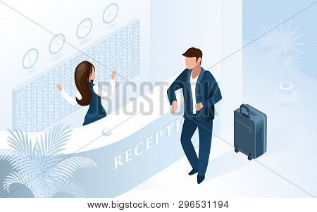 Woman Receptionist At Counter Welcome Man With Suitcase At Modern Hotel Lobby Vector Isometric Illus