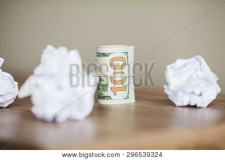 Great Idea Concept. Crumpled Colorful Paper On Wooden Table