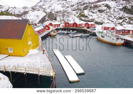 Nussfjord village, Lofoten Islands. Norway`s historic fishing village on the water, Europe