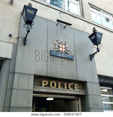 LONDON/ UK- 12th April 2019: Bishopsgate police station, covers the financial area in central London's eastern District. There's been a police station here since 1866.