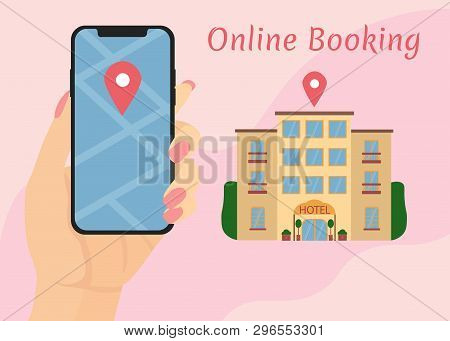 Design Concept Of Hotel Search And Booking Online. Hotel Building Detailed And Reservation Applicati