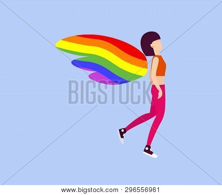 A Girl With Wings Flies In The Sky. Lgbt Pride Celebration, Flat Vector Illustration.