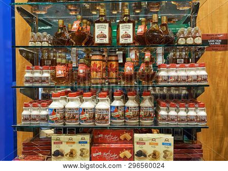 Montreal, Canada - March 8, 2019: Maple Syrup In A Gift Bottles In A Gift Store At Yul Montreal Airp