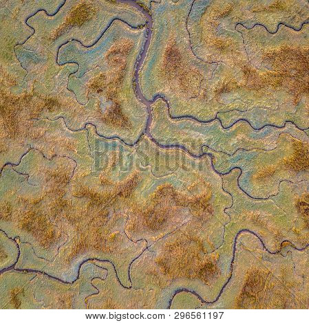 Aerial Top Down View Of Tidal Marshland With Natural Meandering Drainage System In Verdronken Land V