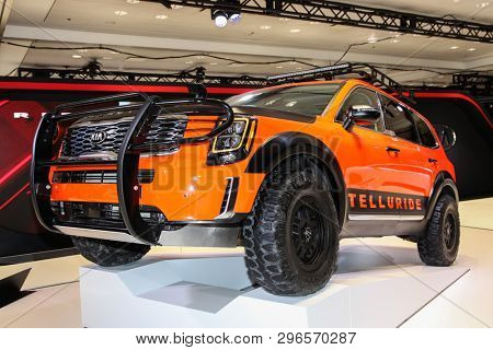 NEW YORK, NY, USA - APRIL 17, 2019: KIA Telluride shown at the New York International Auto Show 2019, at the Jacob Javits Center. This was Press Preview Day One of NYIAS