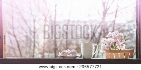 Cozy Spring Still Life: Cup Of Hot Tea With Spring Bouquet Of Flowers On Vintage Windowsill With A P