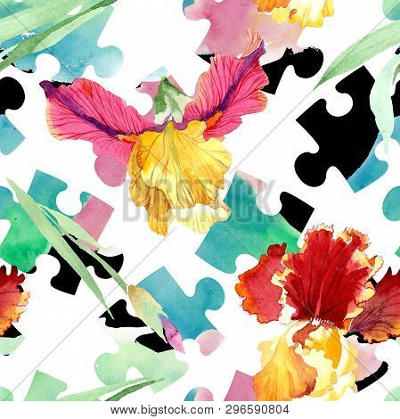 Red Bold Encounter Iris Floral Botanical Flowers. Watercolor Background Illustration Set. Seamless B