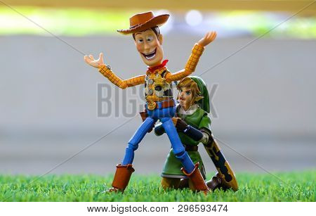 Songkhla, Thailand - September 18, 2018: Cartoon Character, Wood Toy Story And Link Zelda Are Fun Jo