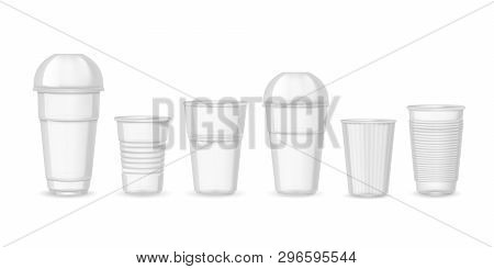 Plastic Cups. Realistic Transparent Coffee Juice And Beverage Containers With Lid Sample Mockup. Vec