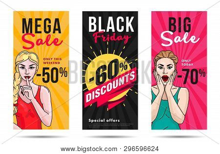 Sale Flyers Set With Pop Art Gilrls