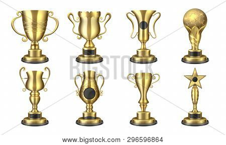 Golden Awards. Realistic Trophy Cup, Contest Prize 3d Design, Sport Reward Concept, Win And Success 