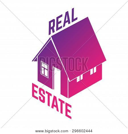 Isometric House Silhouette In Bright Red And Violet Gradient Isolated On White Background. Real Esta