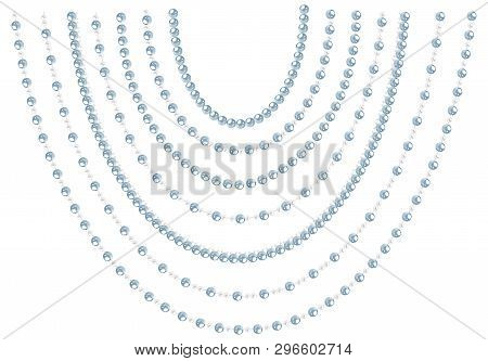 Set Of Hanging Blue Pearl String In Abstract Style. Vector Elements For Decoration Isolated On White