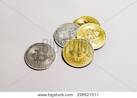 Crypto Currency Golden And White Bitcoin Isolated On White Background.