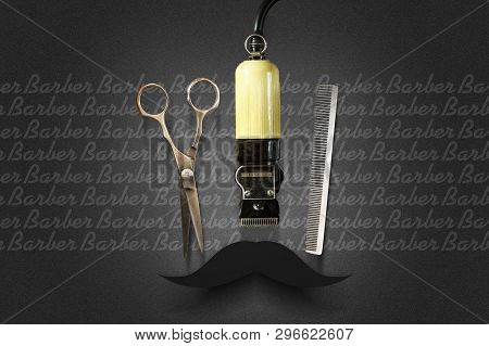 Clipper, Hairdresser's Scissors And A Hairbrush On A Dark Background. Professions. Barber Shop Conce