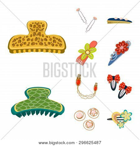 Vector Illustration Of Barrette And Hair Sign. Set Of Barrette And Accessories Vector Icon For Stock