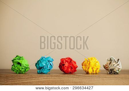 Great Idea Concept. Crumpled Colorful Paper On Wooden Table. Copy Space