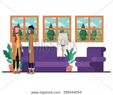 Couple Living Room With View The Landscape By Window Vector Illustration Desing