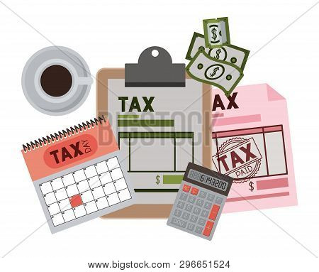 Clipboard Taxes With Calculator And Bills Vector Illustration Design