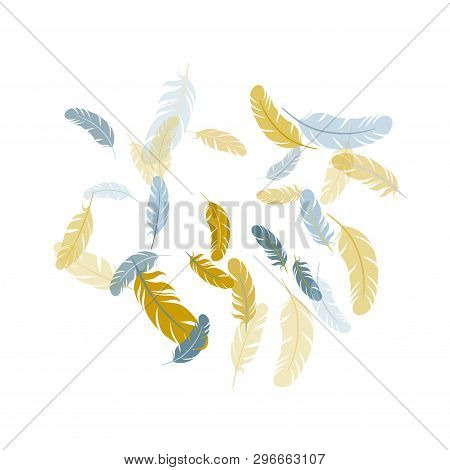 Fashoinable Silver Gold Feathers Vector Background. Angel Wing Plumage Concept. Smooth Plumelet Trib