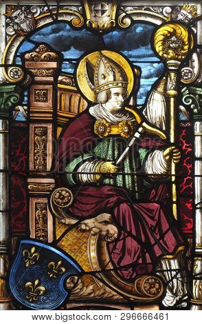LUCERNE, SWITZERLAND - JUNE 24, 2018: Stained glass window in the church of St. Leodegar in Lucerne, Switzerland