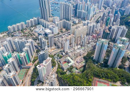Shau Kei Wan, Hong Kong, 19 March 2019: Top view of Hong Kong downtown city