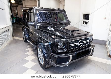 Novosibirsk, Russia - 08.01.18: Front View Of Luxury Very Expensive New Black Mercedes-benz G-class 