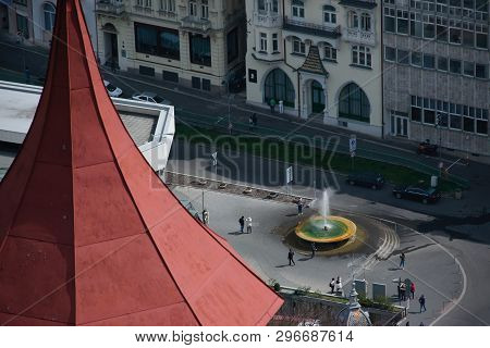 Karlovy Vary, Czech Republic - April 11, 2019: Vridelni Fontana Fontain In Centre Of Spring City