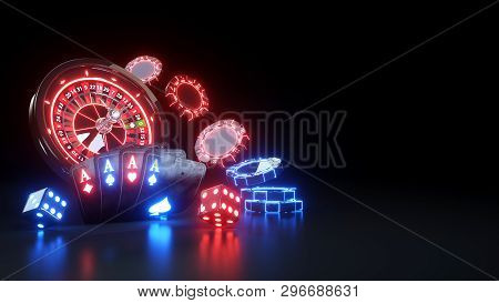 Luxury Casino Roulette Wheel And Four Aces Poker Cards - 3d Illustration