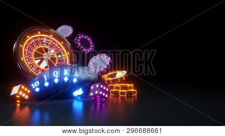 Poker Cards And Casino Roulette Wheel Concept Design - 3d Illustration