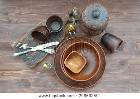 Rustic Dishes. Table Top View. Handmade Craft.
