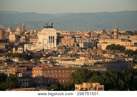 View Of Rome. Panorama With Mountains. Sunset.