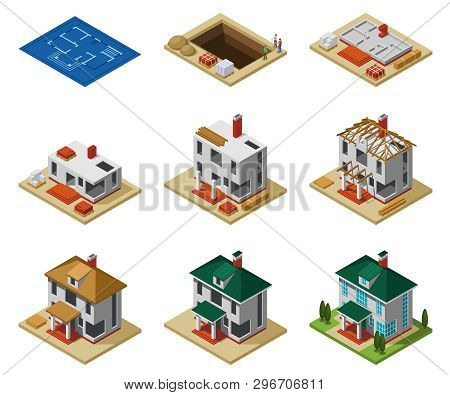 House Construction Phases From Drawing To Finished Building Isometric Icons Set Isolated Vector Illu