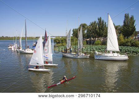 Astrakhan, Russia - August 31 2014: Sailing Boats In The Summer On The Volga River, Astrakhan, Russi