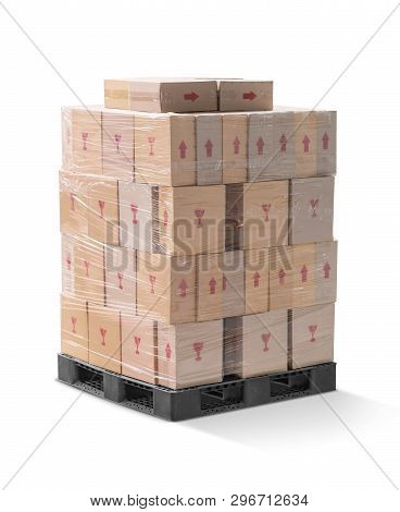 Brown Corrugated Paperboard Boxes Wraping And Stack On Black Plastic Pallet Isolated On White Backgr