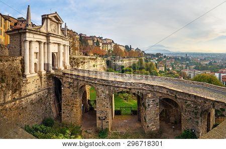 Panorama View Of Bergamo City With Porta San Giacomo Gate, Sant Andrea Platform Of Venetian Walls At