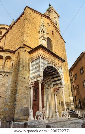 Porta Dei Leoni Bianchi On The Right Transept Of Basilica Of Santa Maria Maggiore In Bergamo. Italy