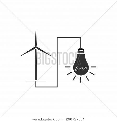 Wind Mill Turbine Generating Power Energy And Glowing Light Bulb Icon Isolated. Natural Renewable En