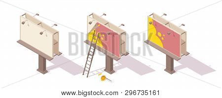 Isometric Billboard Vector Illustration Set - Blank City Bigboard And Installation Of Advertisement.