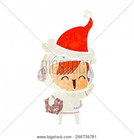 hand drawn retro cartoon of a happy spacegirl holding moon rock wearing santa hat