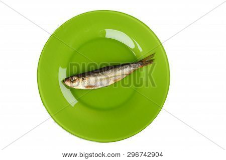 Cold Smoked Baltic Herring On An Green Plate Isolated On White Background. Smoked Baltic Herring Smo