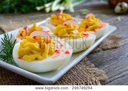 Deviled Eggs. Delicious Appetizer. Boiled Eggs Stuffed With Yolk, Mustard, Mayonnaise, Paprika. Clas