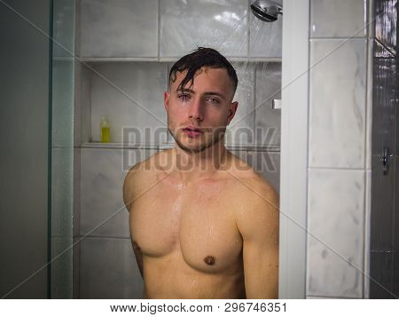 Naked Athletic Handsome Young Man Taking Shower
