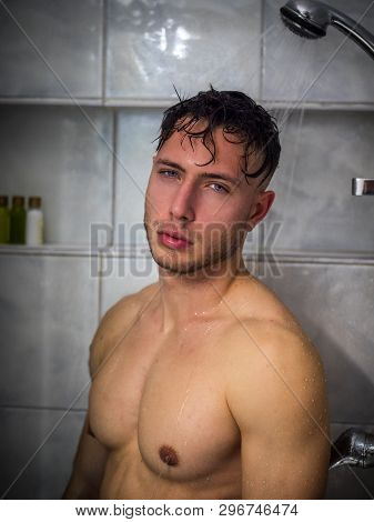 Naked Athletic Handsome Young Man Taking Shower
