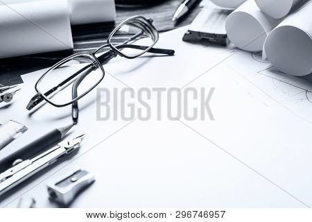 Desktop For The Architect. Compasses And Blueprint