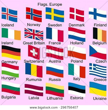 Flags Of European Countries. Switzerland, Sweden, Denmark, France, Great Britain, Poland, Ukraine, R