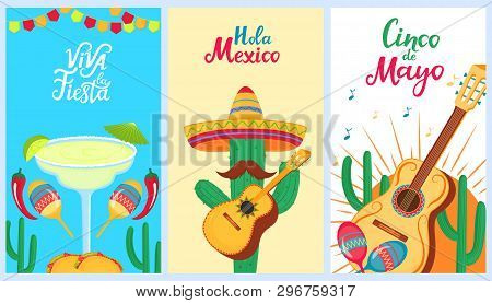 Cinco De Mayo. 5th Of May. A Set Of Holiday Posters To The Mexican National Holiday. Sombrero, Cactu