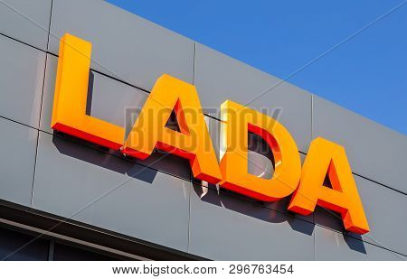 Samara, Russia - April 20, 2019: Lada Dealership Sign On The Office Of Official Dealer. Lada Is A Ru